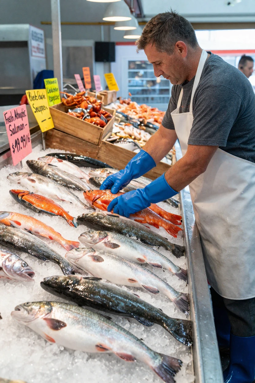 A fishmonger arranging glistening fish on ice
