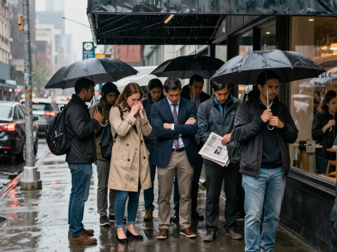 A group of commuters huddles under a single awning waiting out a sudden rainstorm.