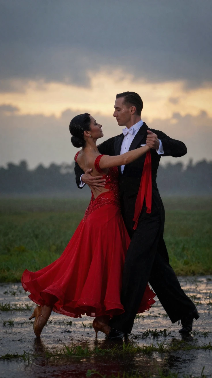 A ballroom dancing couple moving in perfect harmony with one another on a rain-soaked field