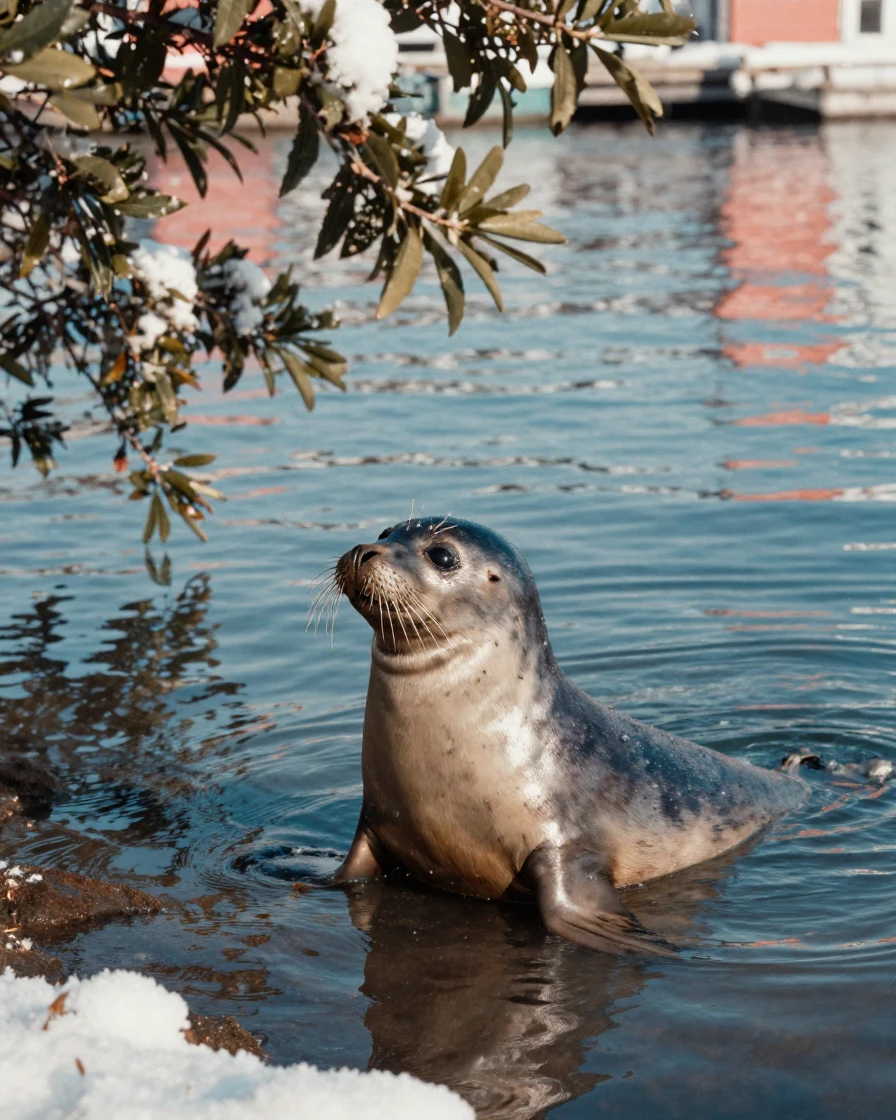 A curious seal poking its head above calm harbor water, in dappled light filtering through leaves, with a soft breeze stirring the air, under the first snow of winter, in vivid coral and turquoise hues, from a three-quarter angle.