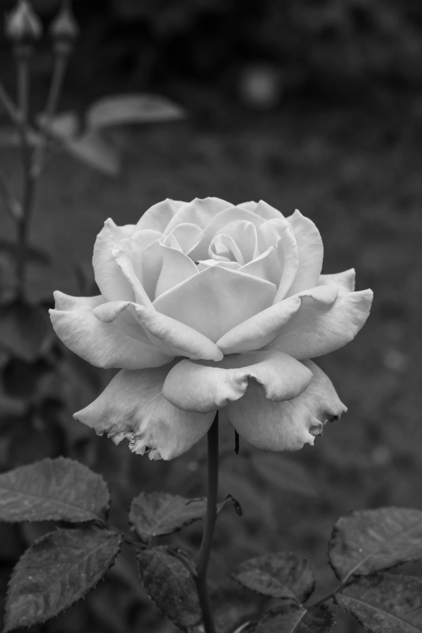 A blooming rose unfurls its delicate petals one by one in a quiet backyard garden.