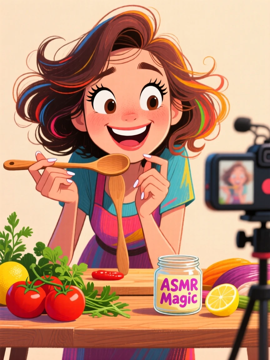 A woman recording an ASMR-style cooking video, ingredients neatly arranged.