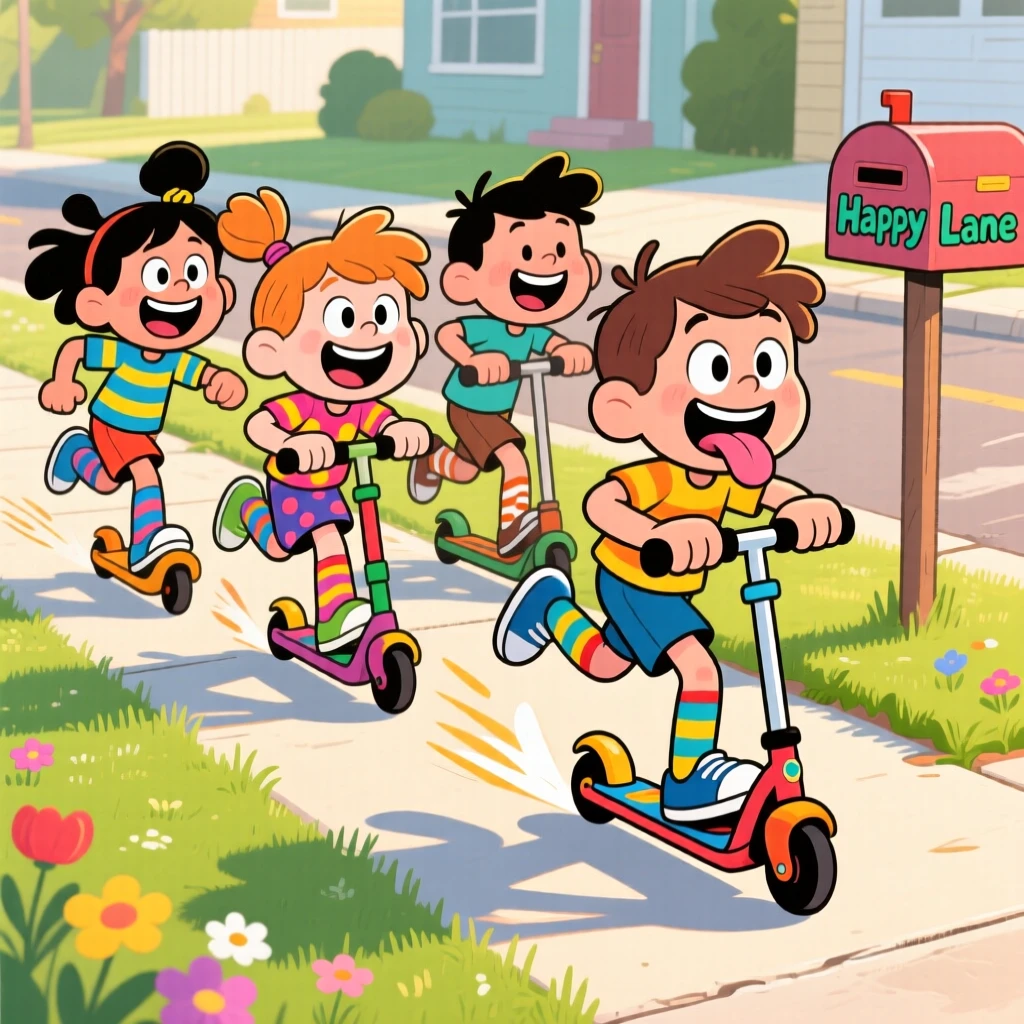 A playful childhood moment of a group of kids racing scooters down a sunny sidewalk, with mismatched socks and untied shoelaces.