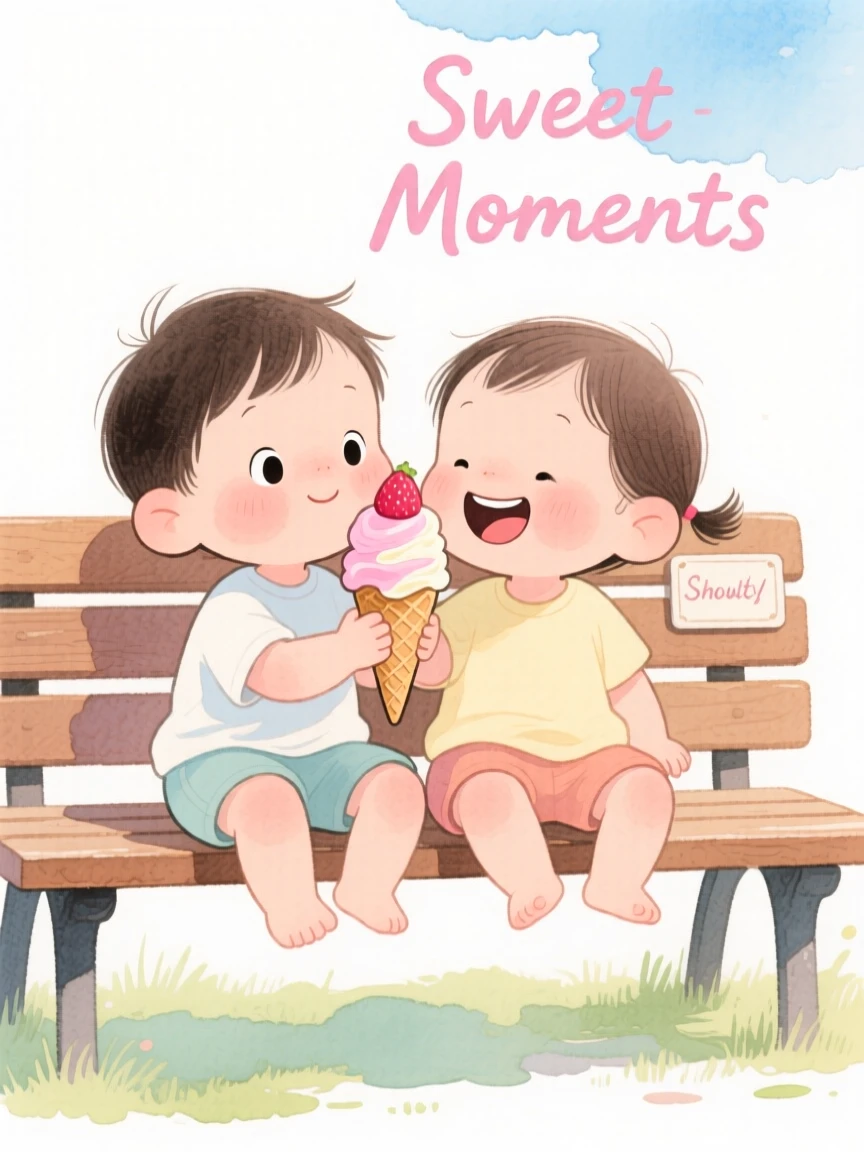 A heartwarming scene of twin toddlers sharing an ice cream cone on a park bench