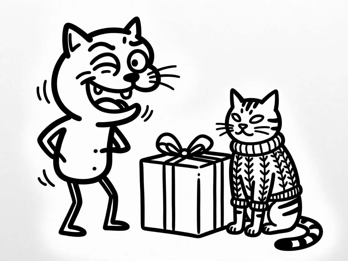 A tabby cat wearing a knitted holiday sweater, sitting beside a wrapped present twice its size.