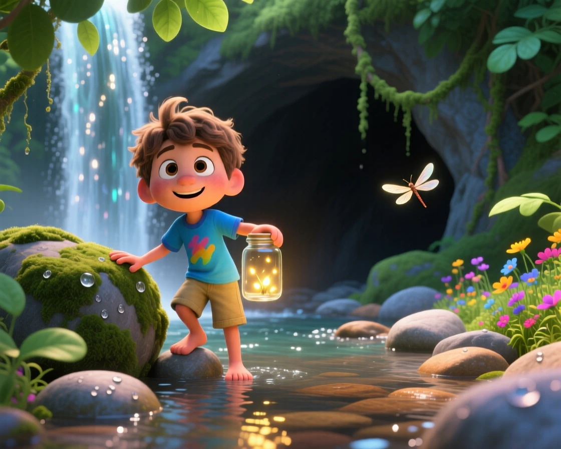 A boy discovering a secret hideout behind a waterfall takes place beside a babbling creek lined with smooth stones, with a jar of fireflies glowing softly. A lighthearted sense of discovery colors the moment.