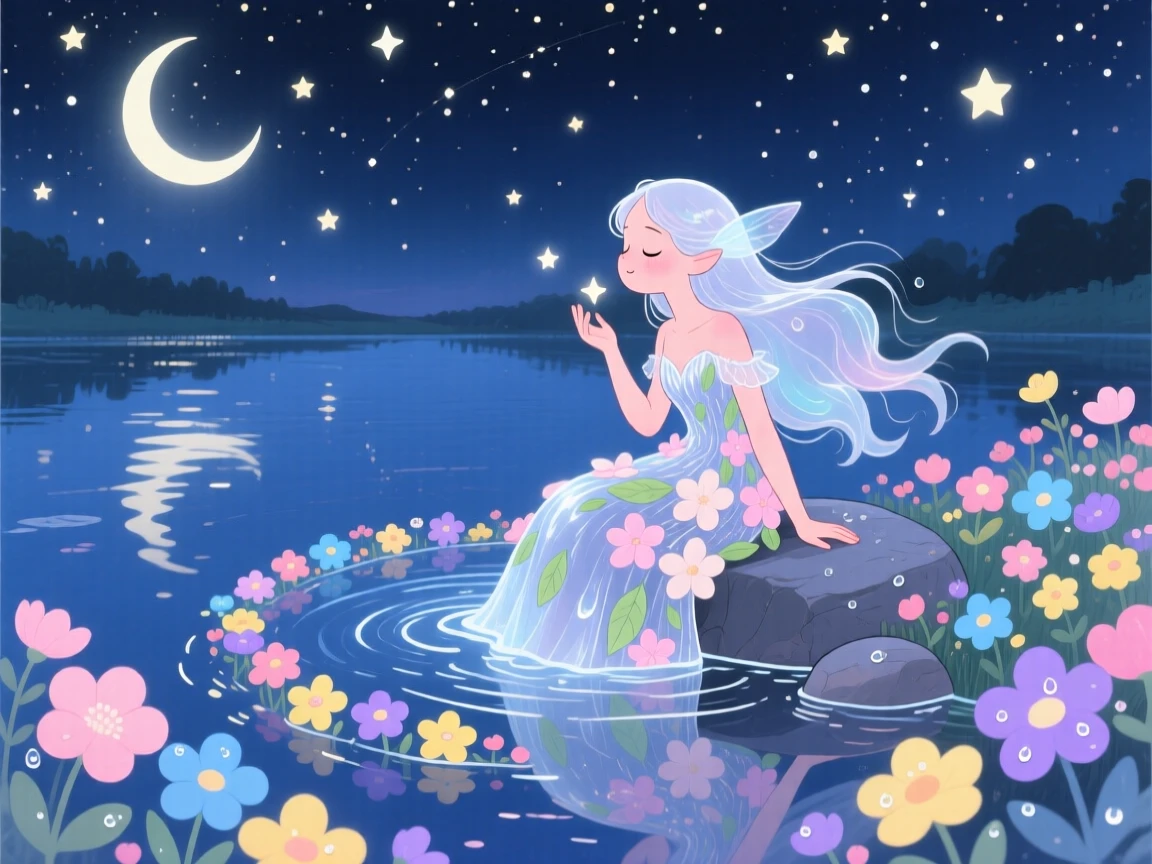 A river nymph is singing a lullaby that makes flowers bloom in a starlit lake, as reflections shimmer on the still water.