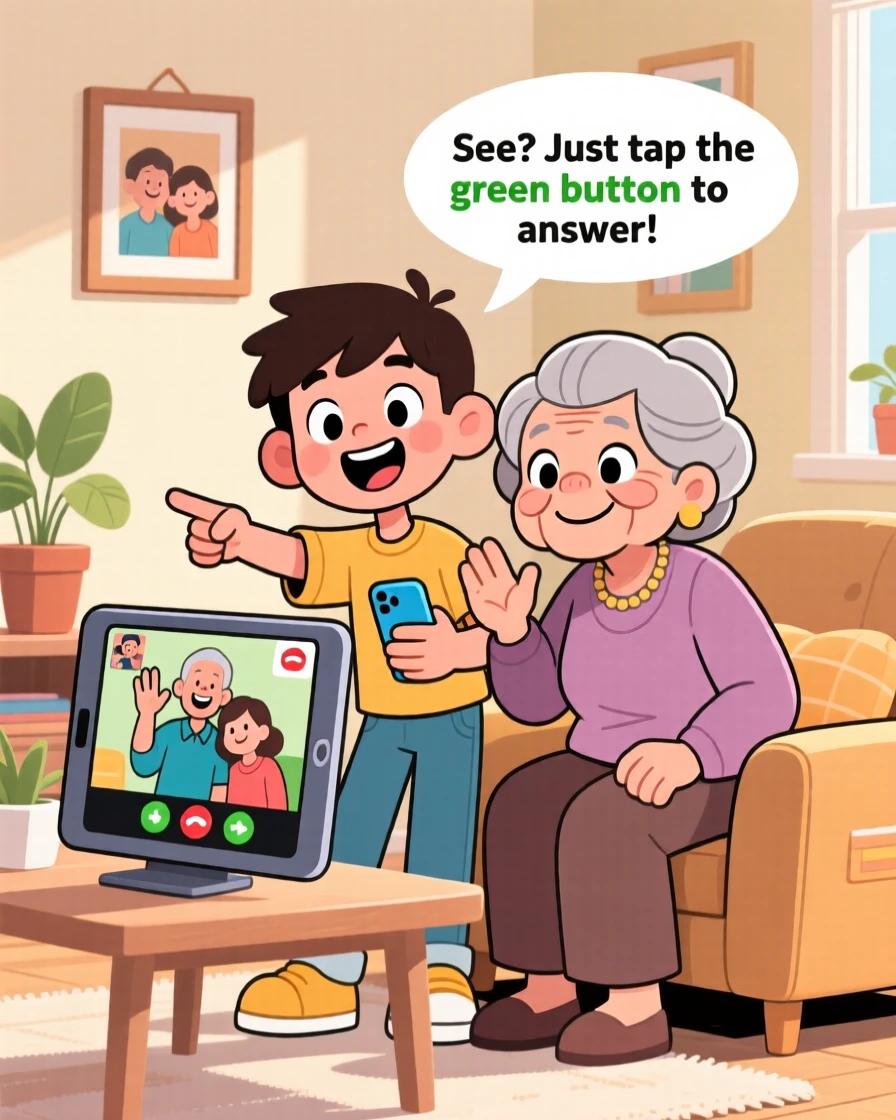 A teenager teaching their grandmother to video call relatives.