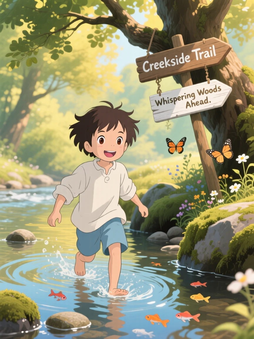 A barefoot child wading through a shallow creek, the moment carefree and joyful.