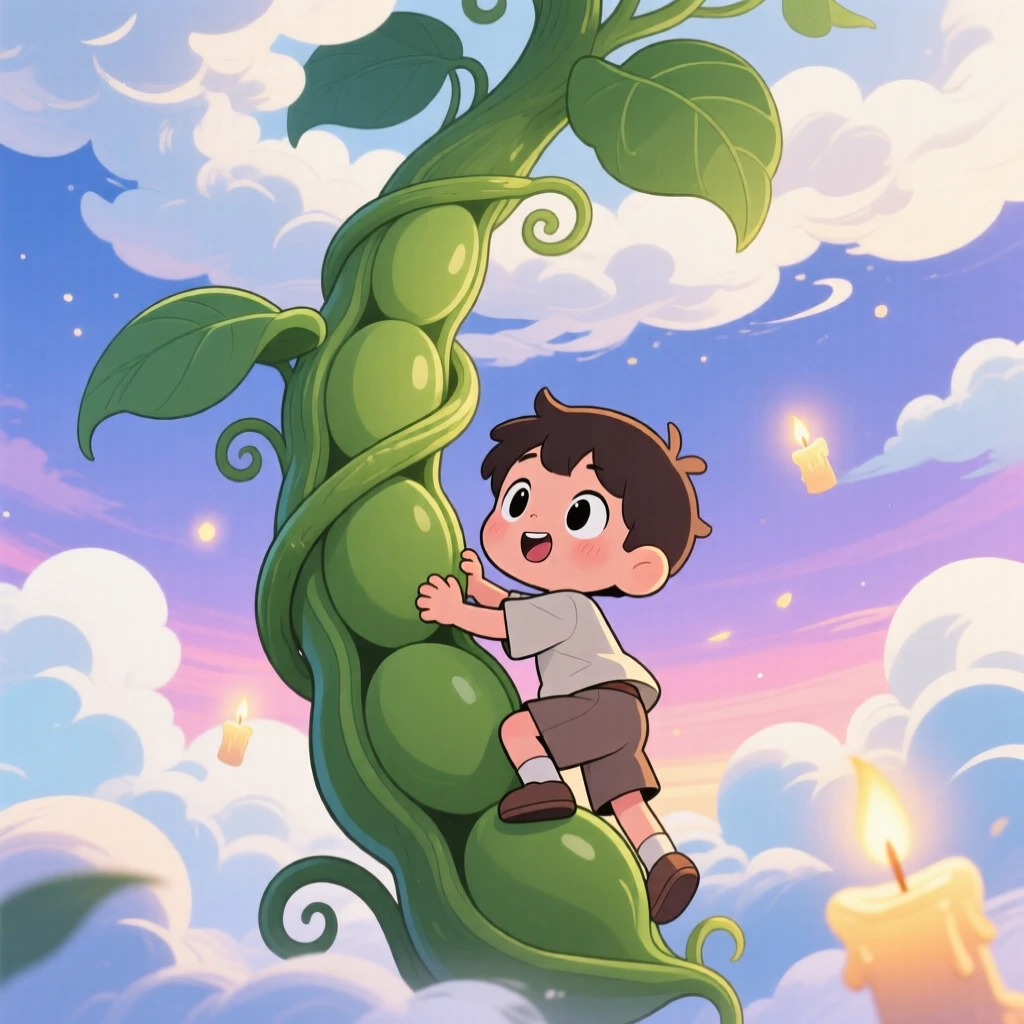 Over-the-shoulder view: a small boy, climbing a giant beanstalk toward the clouds, set against a magical cloud-covered sky beneath fluffy drifting clouds, with gentle candlelight and a mood of curious excitement.