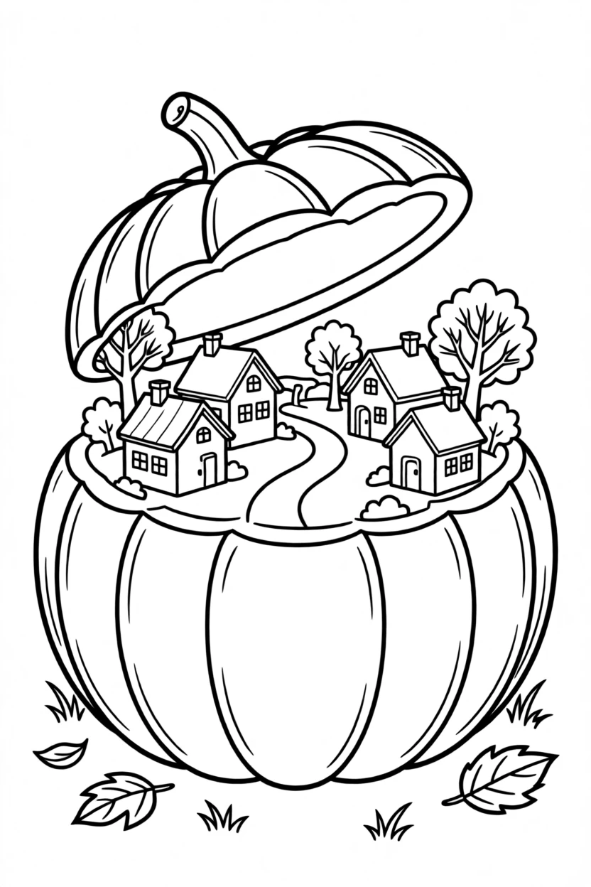 A cozy town nestled inside a hollowed-out pumpkin