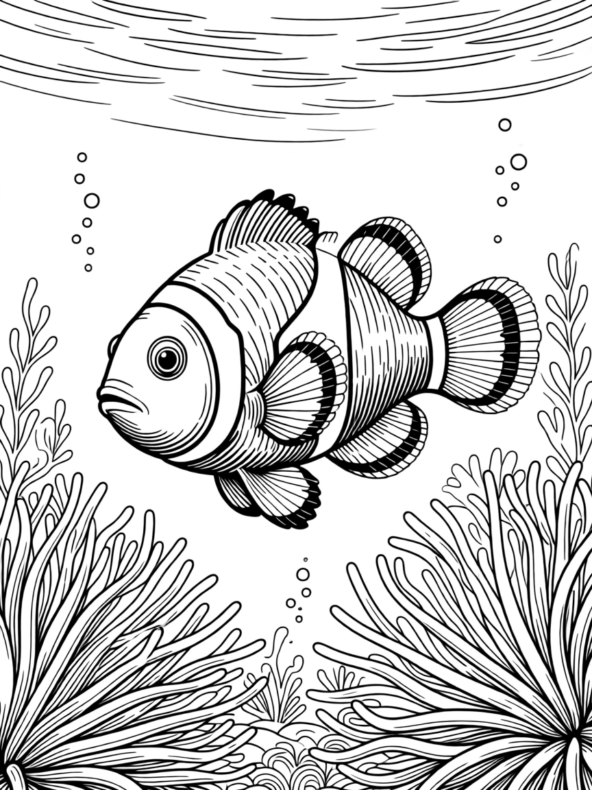 A clownfish among anemones gliding through deep ocean water, with scales that catch glints of light.