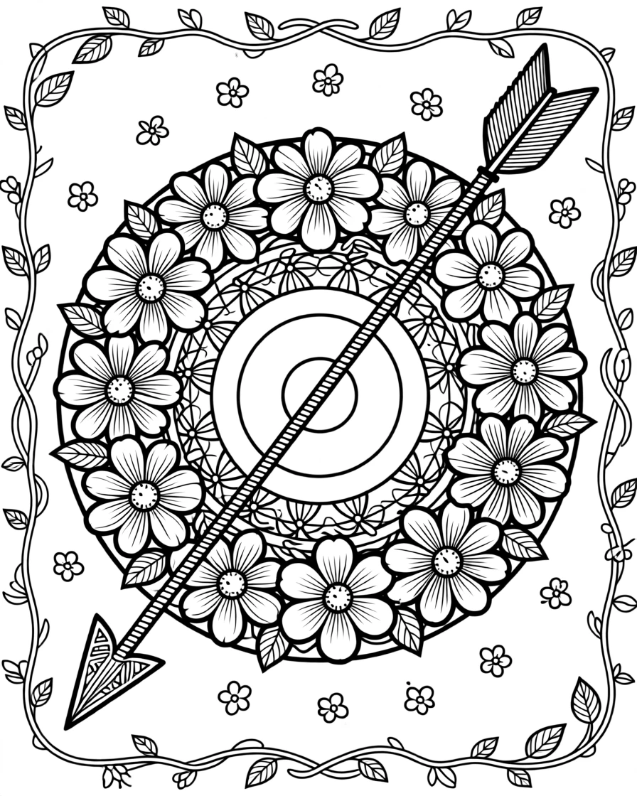 A single arrow piercing through a target made of blooming flowers.