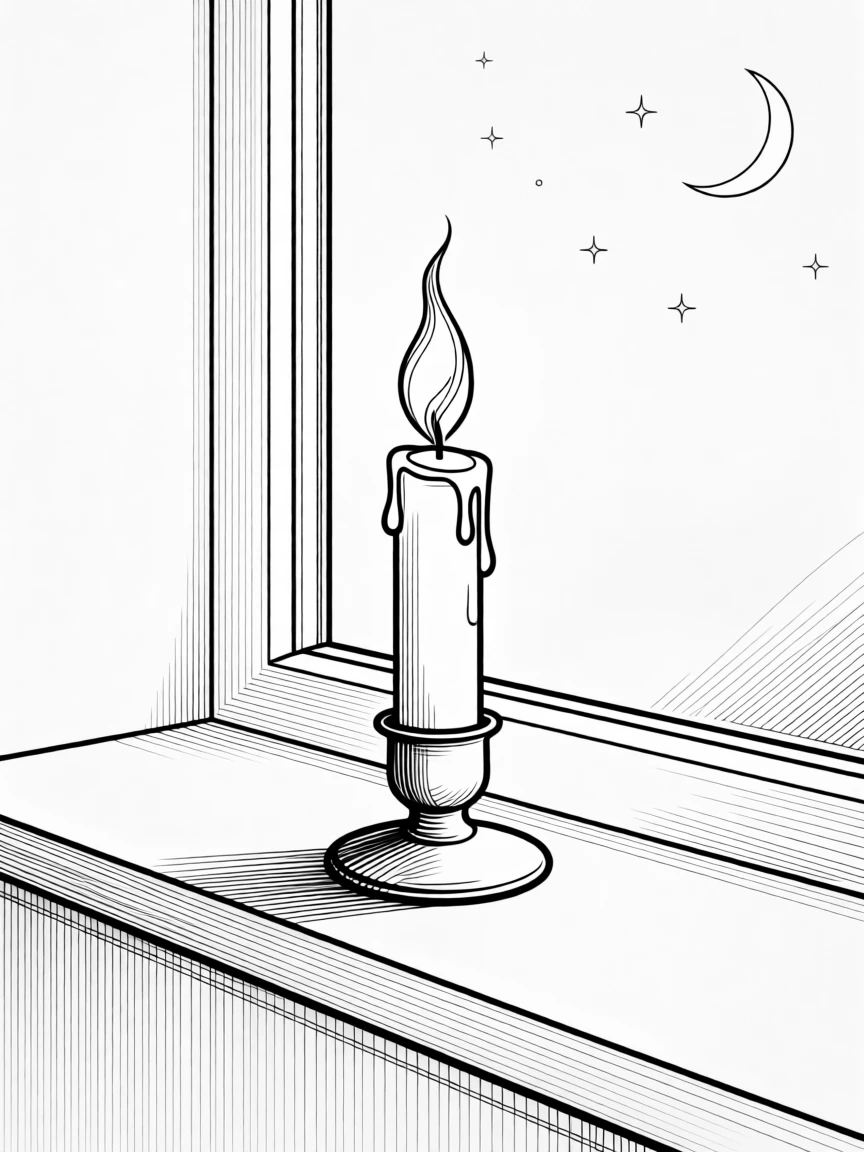 A single candle burning steadily on a windowsill at night