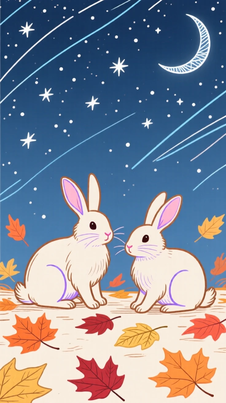 A pair of rabbits wandering among autumn leaves under a clear starry sky.