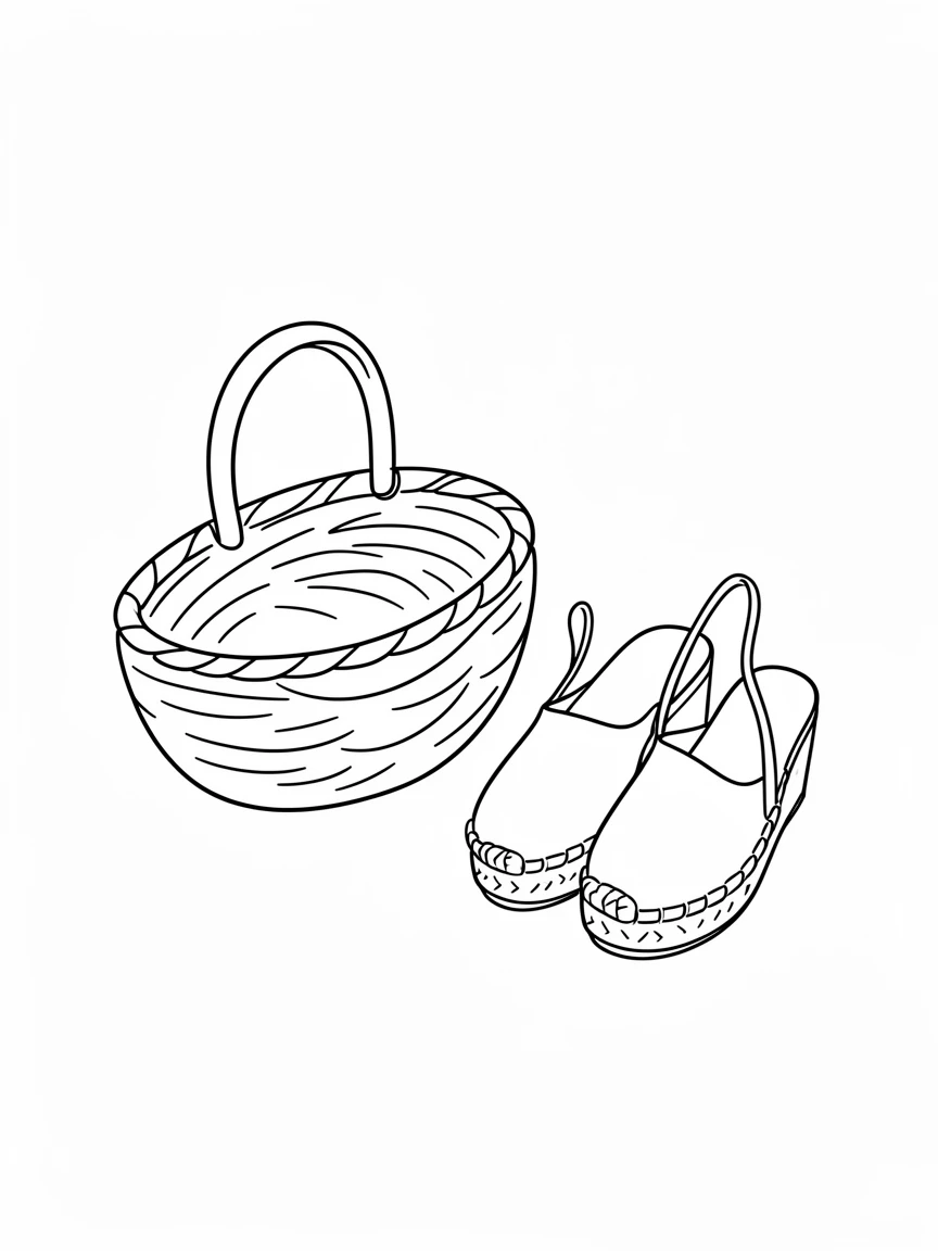 A woven straw basket bag beside a pair of espadrille sandals