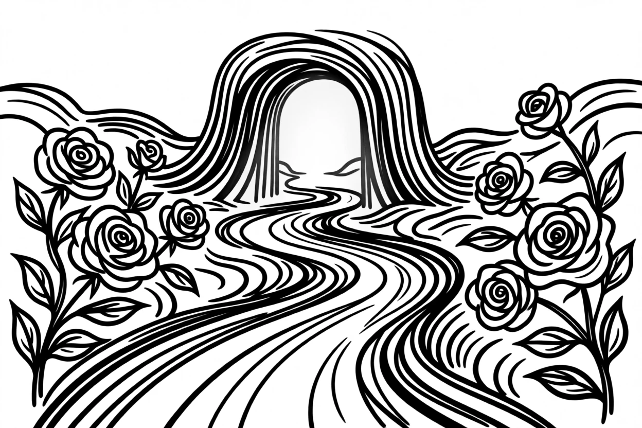 A garden path lined with blooming roses leading to a sunlit archway.