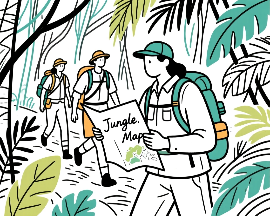 A group of explorers navigating a dense jungle with map in hand.