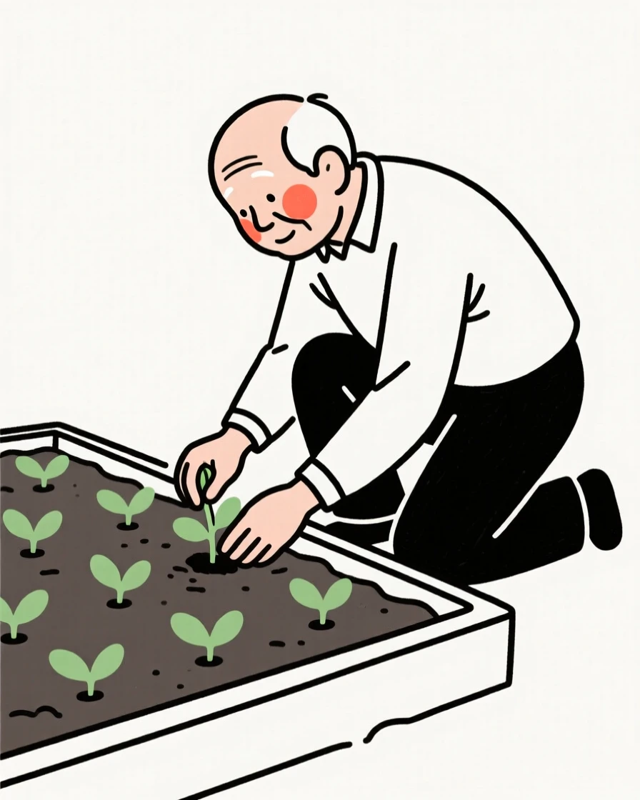 An elderly man planting seedlings in a garden bed.