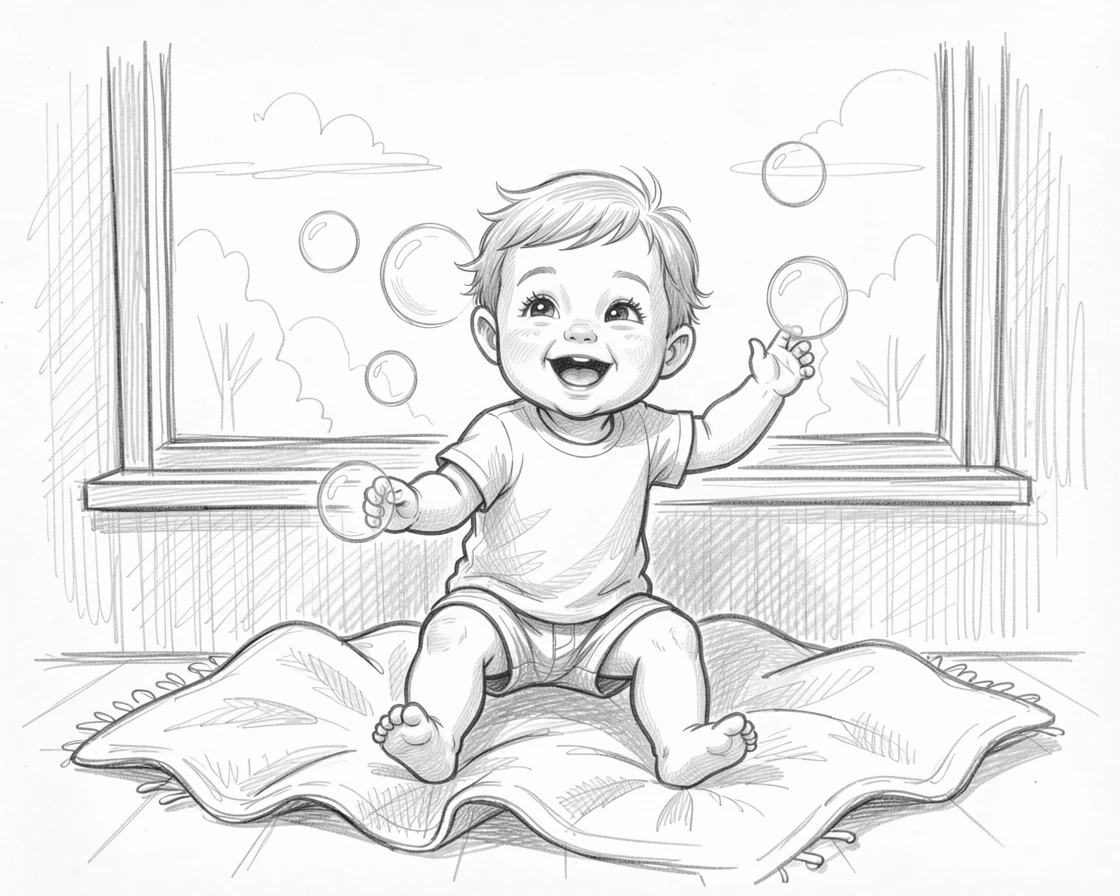 An irresistibly cute scene of a toddler giggling while chasing bubbles on a cozy blanket by a window, looking impossibly soft and content.
