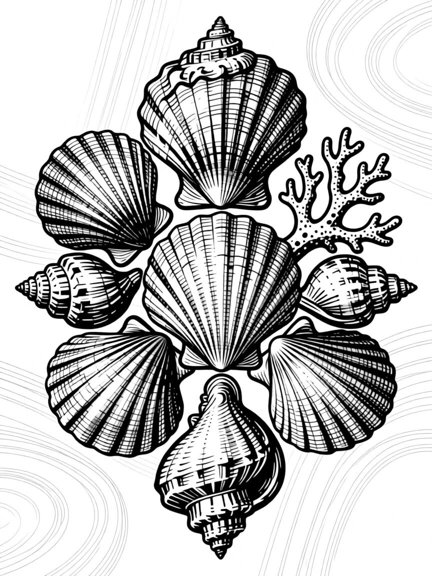 A symmetrical arrangement of seashells and coral designed as an elegant decorative motif, with intricate detailing that rewards close viewing, forming a timelessly decorative composition.