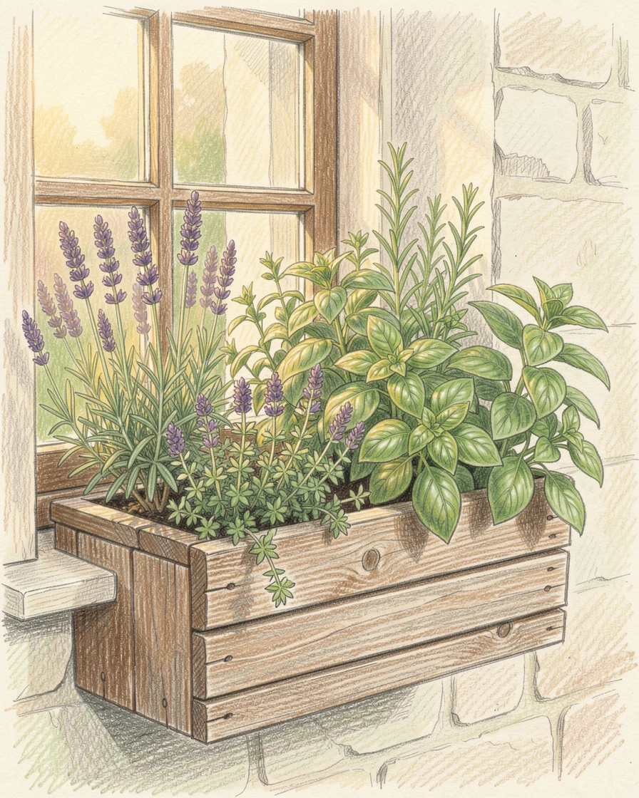 A quiet countryside farmhouse window box overflowing with herbs, set against a softly lit, atmospheric backdrop, radiating comfort, joy, and quiet beauty.