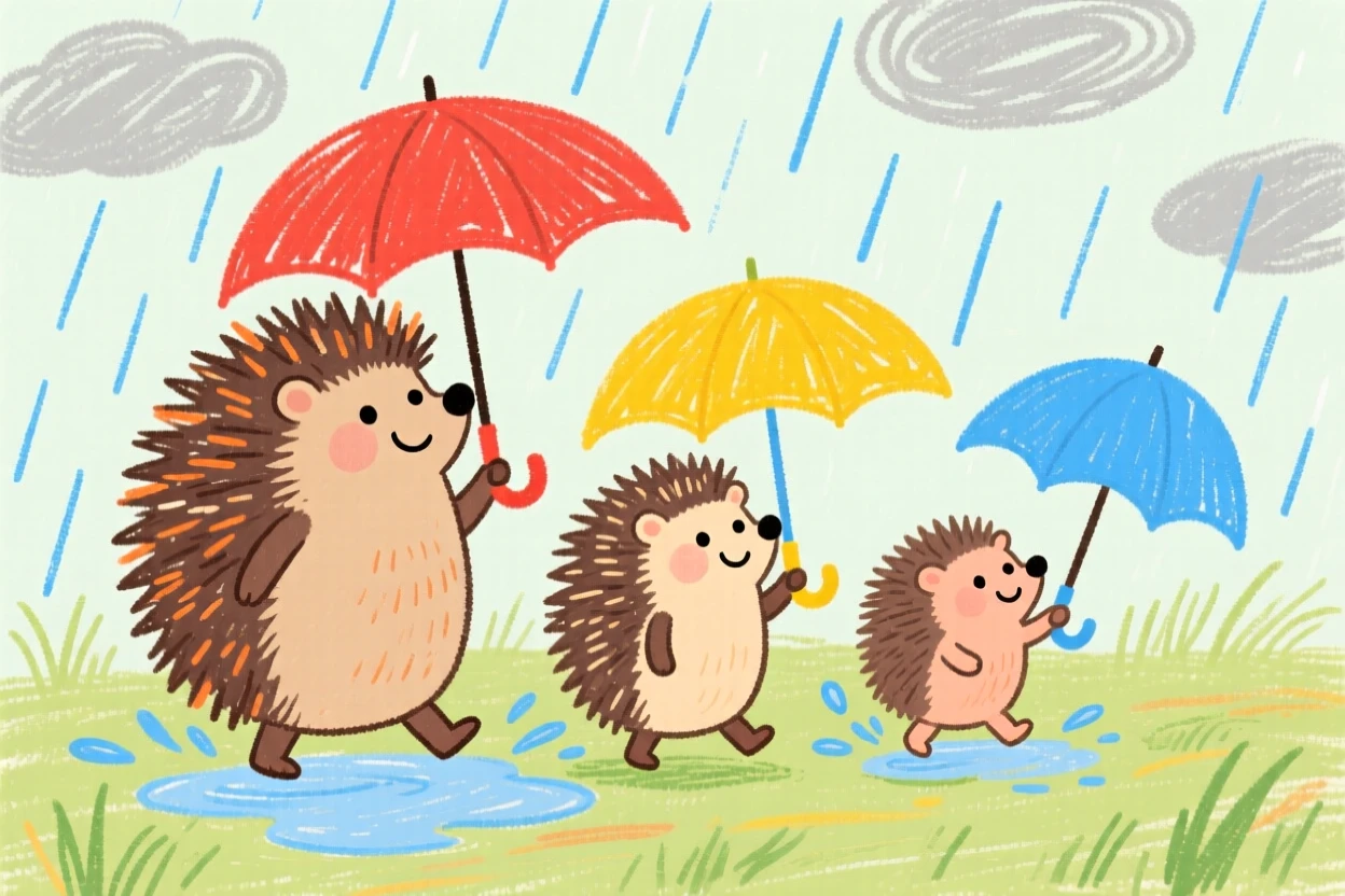 A hedgehog family carrying tiny umbrellas through a rain shower.