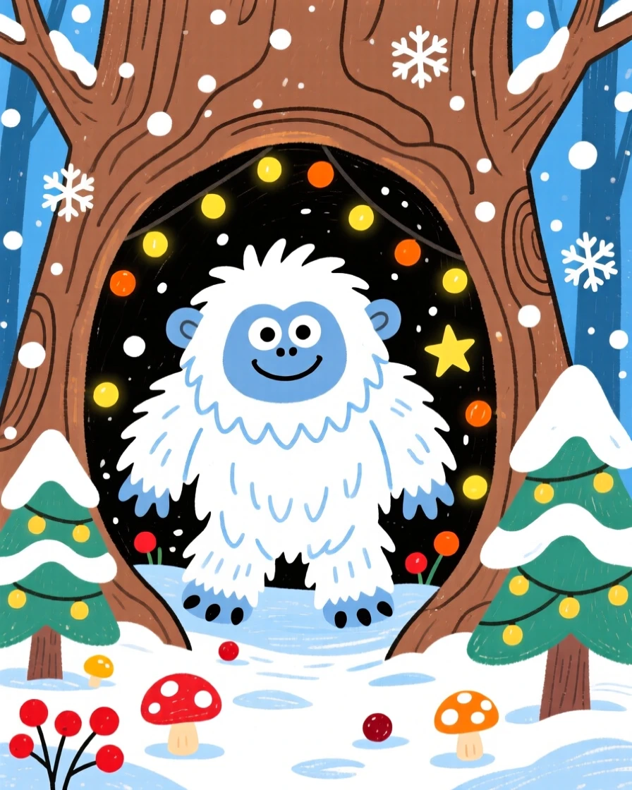 A curious yeti exploring a snowy forest inside a hollow tree filled with twinkling lights.