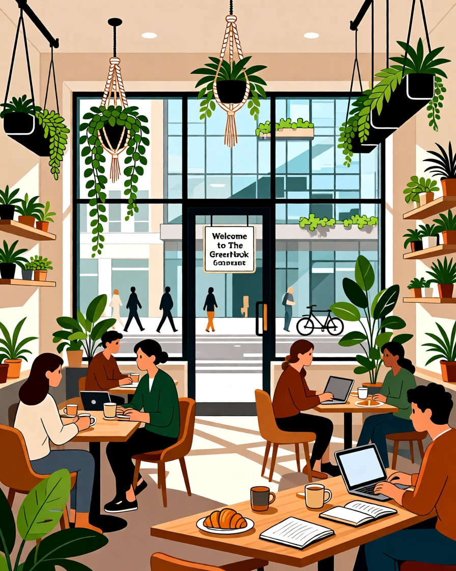 A trendy plant-filled café with hanging greenery, set against a backdrop of a lively city street, composed with warm natural light and relaxed framing, with a sense of community and connection in every detail.