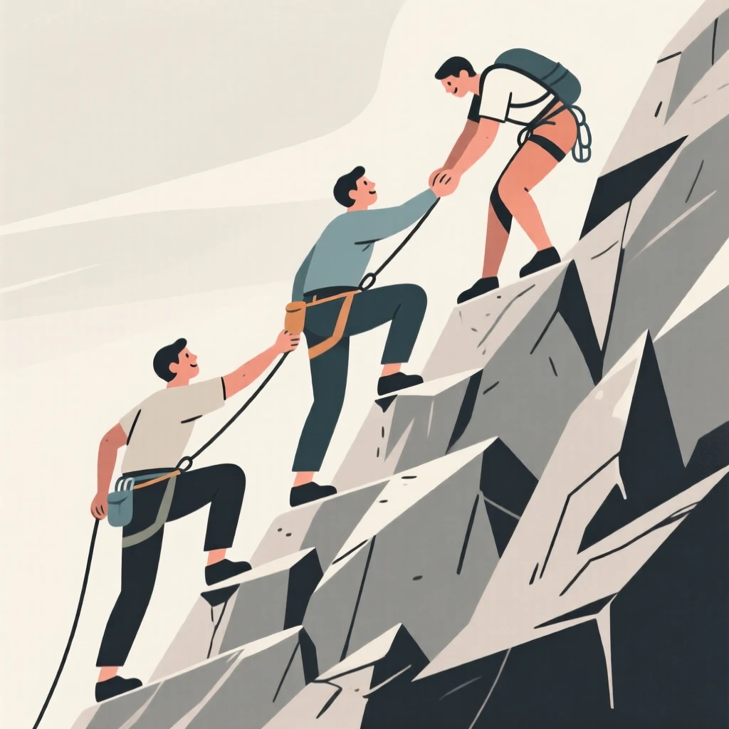 A team of climbers helping each other up a steep rocky trail.