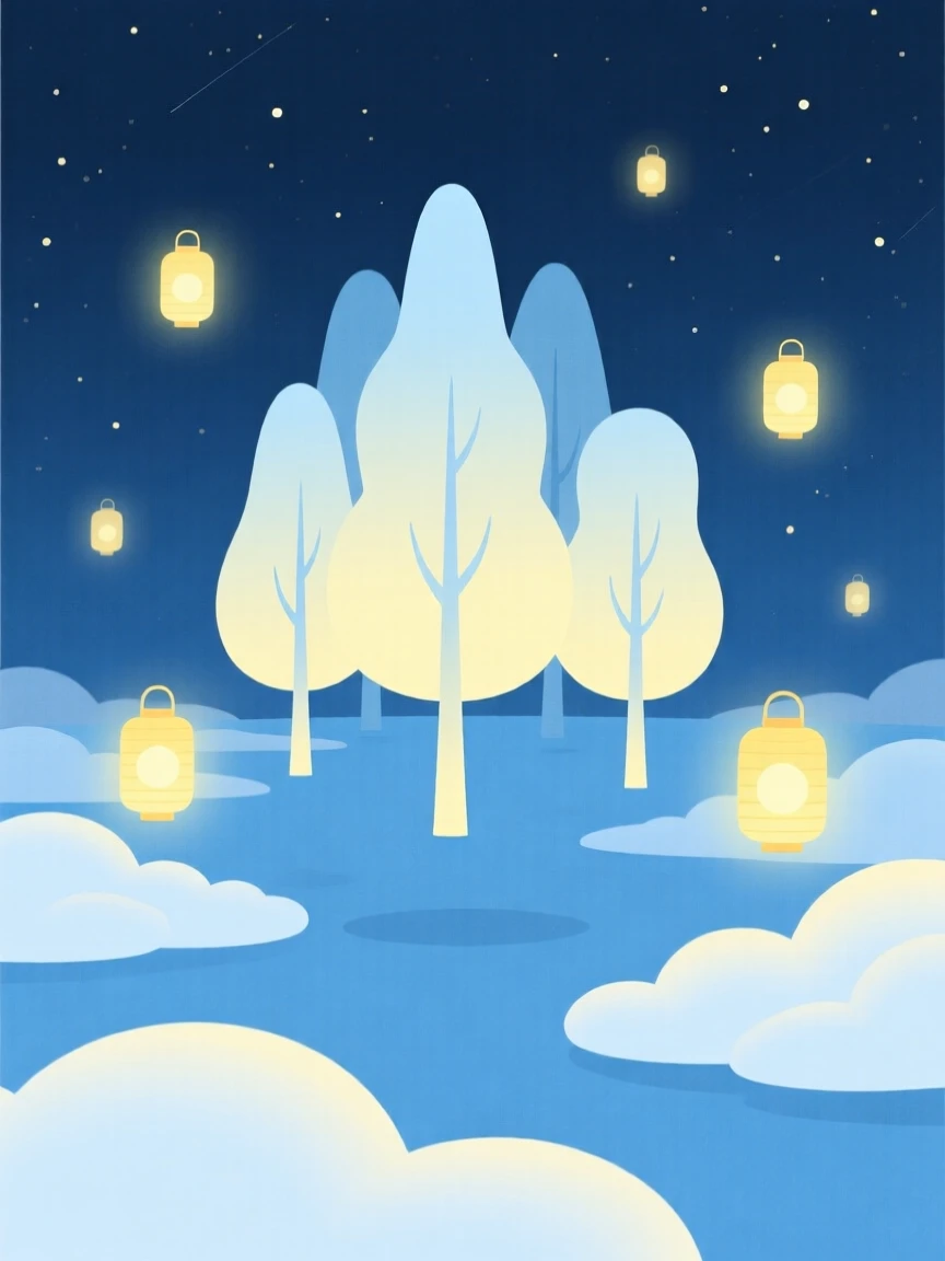 A forest where the trees glow softly at night floating above a world made entirely of clouds, surrounded by floating lanterns, radiating wondrous imagination.
