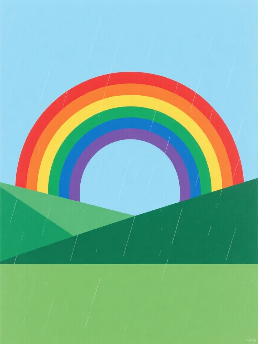 A rainbow arching over a green valley after rain