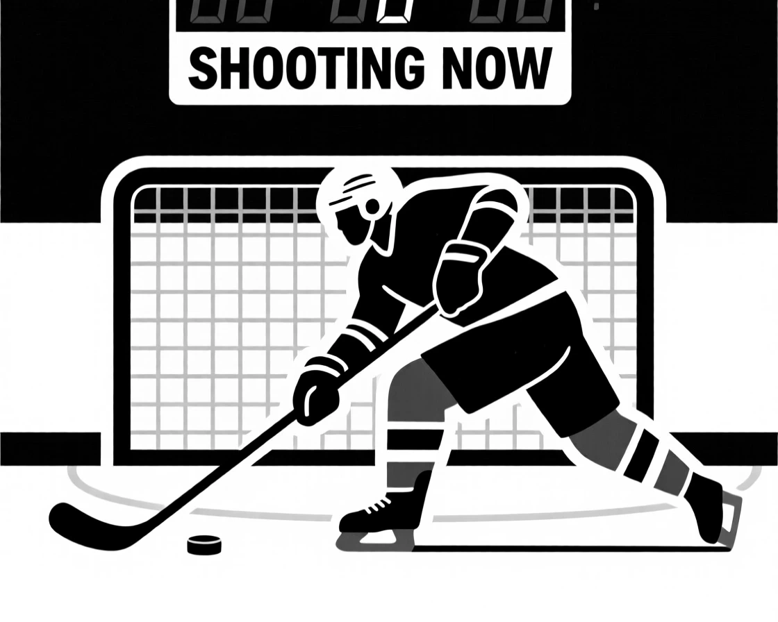 An ice hockey player taking a shot on goal.