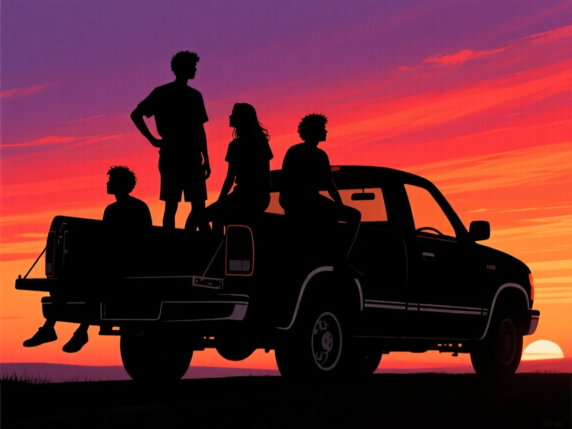 A group of friends watching the sunset from the back of a pickup truck.