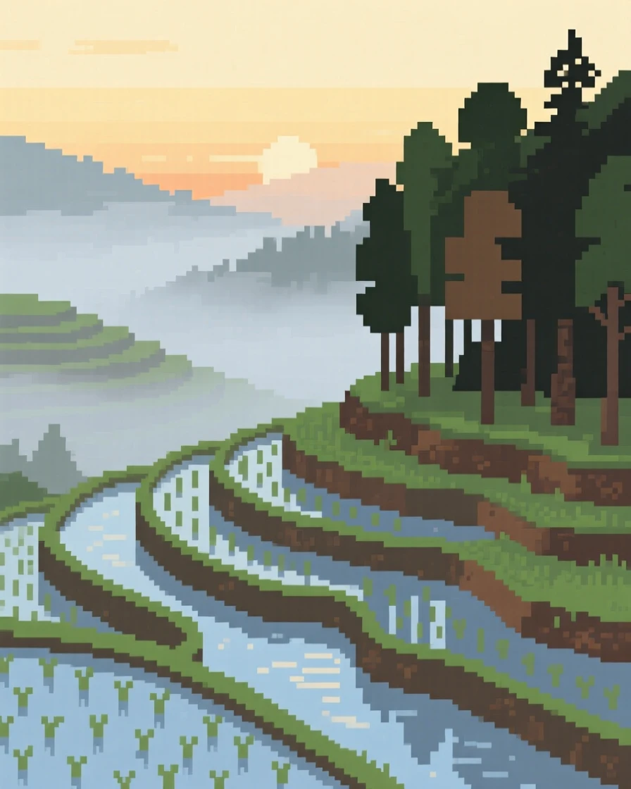 A terraced rice field wrapped in a light morning mist, at the edge of an ancient, quiet forest.