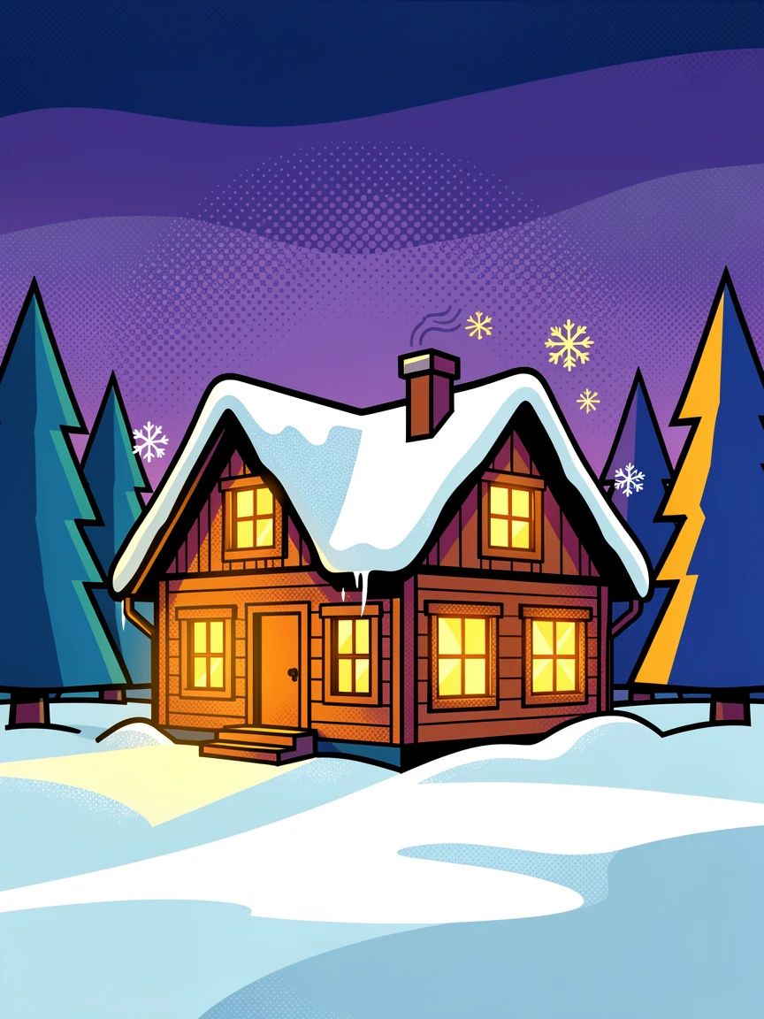 A snow-covered cabin lit warmly at dusk