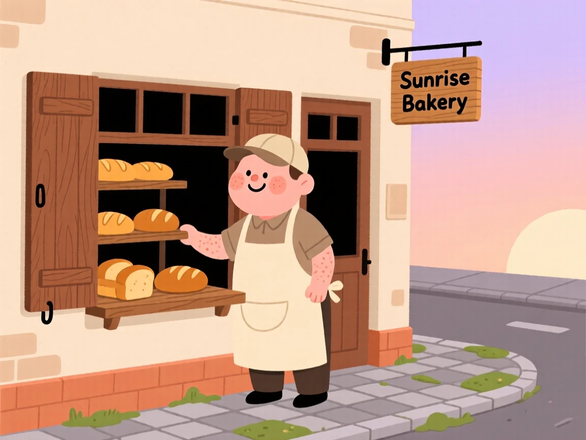 A baker opens the shutters of a small bakery at dawn, arranging warm loaves of bread in the window as the street slowly wakes up.