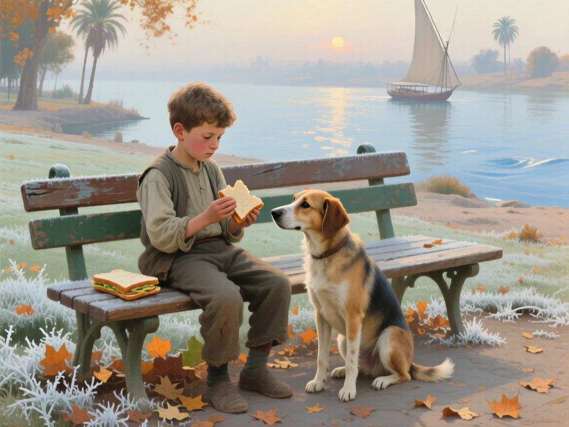 A centered composition of a young boy sharing his sandwich with a loyal dog on a park bench, along the Nile in Egypt, during the first frost of autumn.