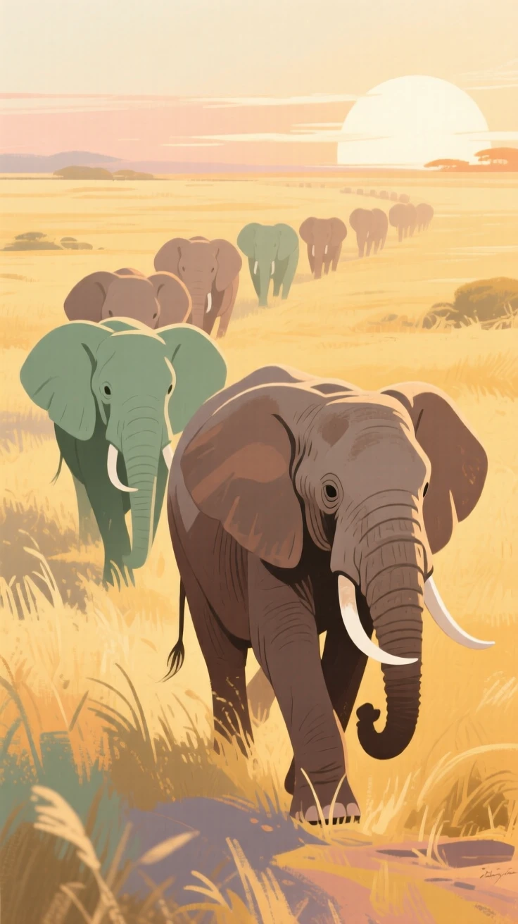 A herd of elephants crossing a golden savanna at sunset