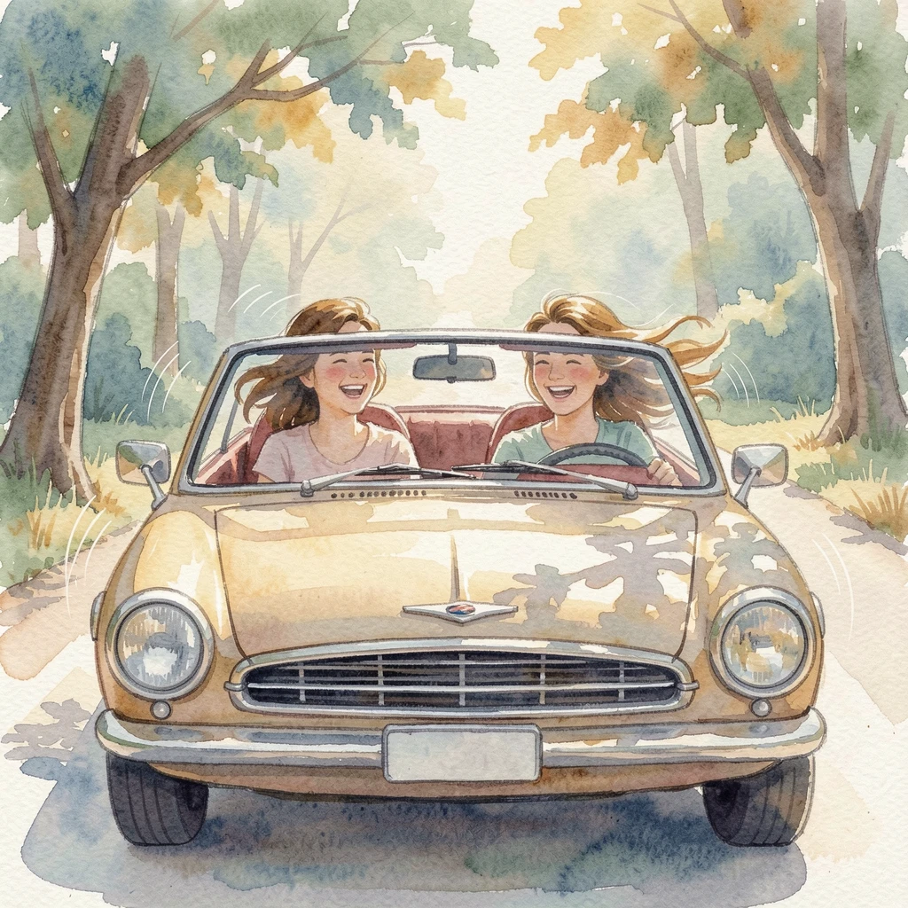 Best friends taking a road trip with the windows down with laughter echoing softly.