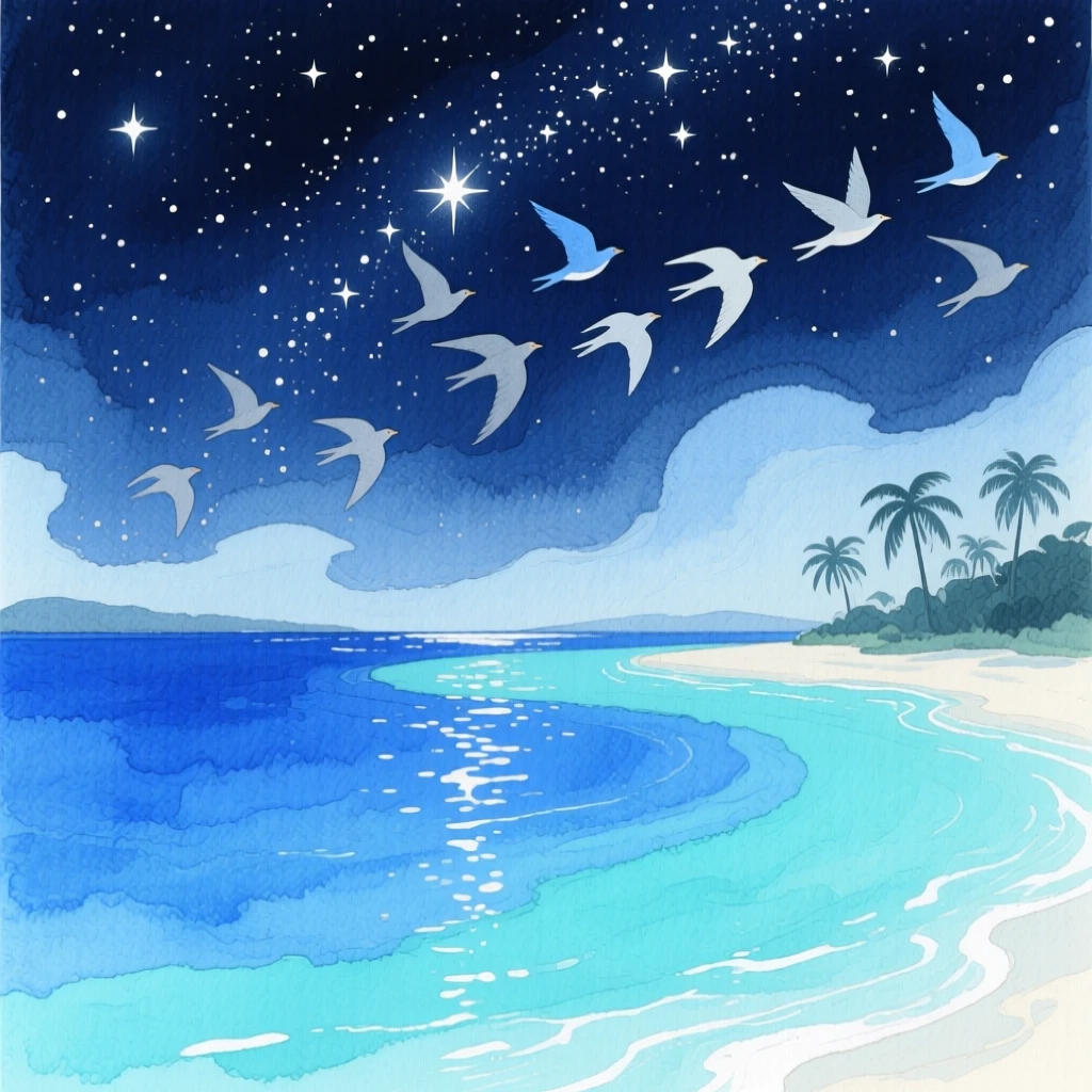 A breathtaking view of a tropical lagoon under a canopy of stars, where a flock of birds crosses the sky