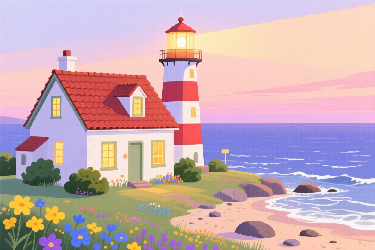 A lighthouse keeper's cottage by the sea, glowing softly as evening falls.