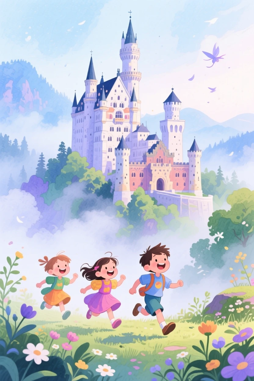 Children run laughing through the scene amid the fairytale spires of Neuschwanstein Castle in the mist, evoking wanderlust and adventure.