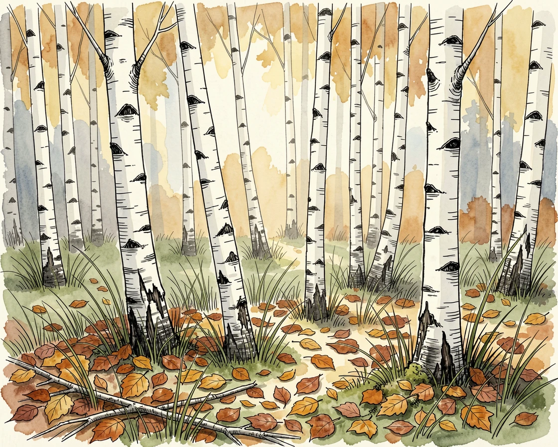 A quiet birch forest with slender white trunks rising from a carpet of fallen leaves, a gentle breeze rippling through the grass and leaves.