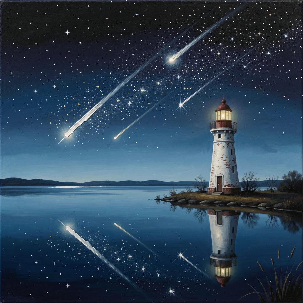 Beside a calm lake perfectly mirroring the sky, a lone lighthouse beneath a brilliant field of stars, shooting stars streaking silently overhead, in the deep, clear dark of a moonless night.