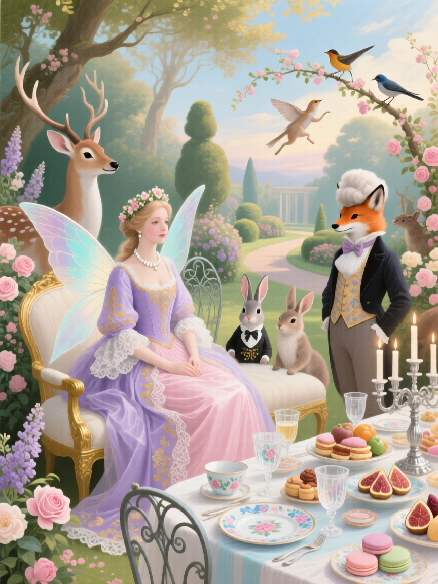 A fairy queen hosting a garden feast for elegant woodland animals  
