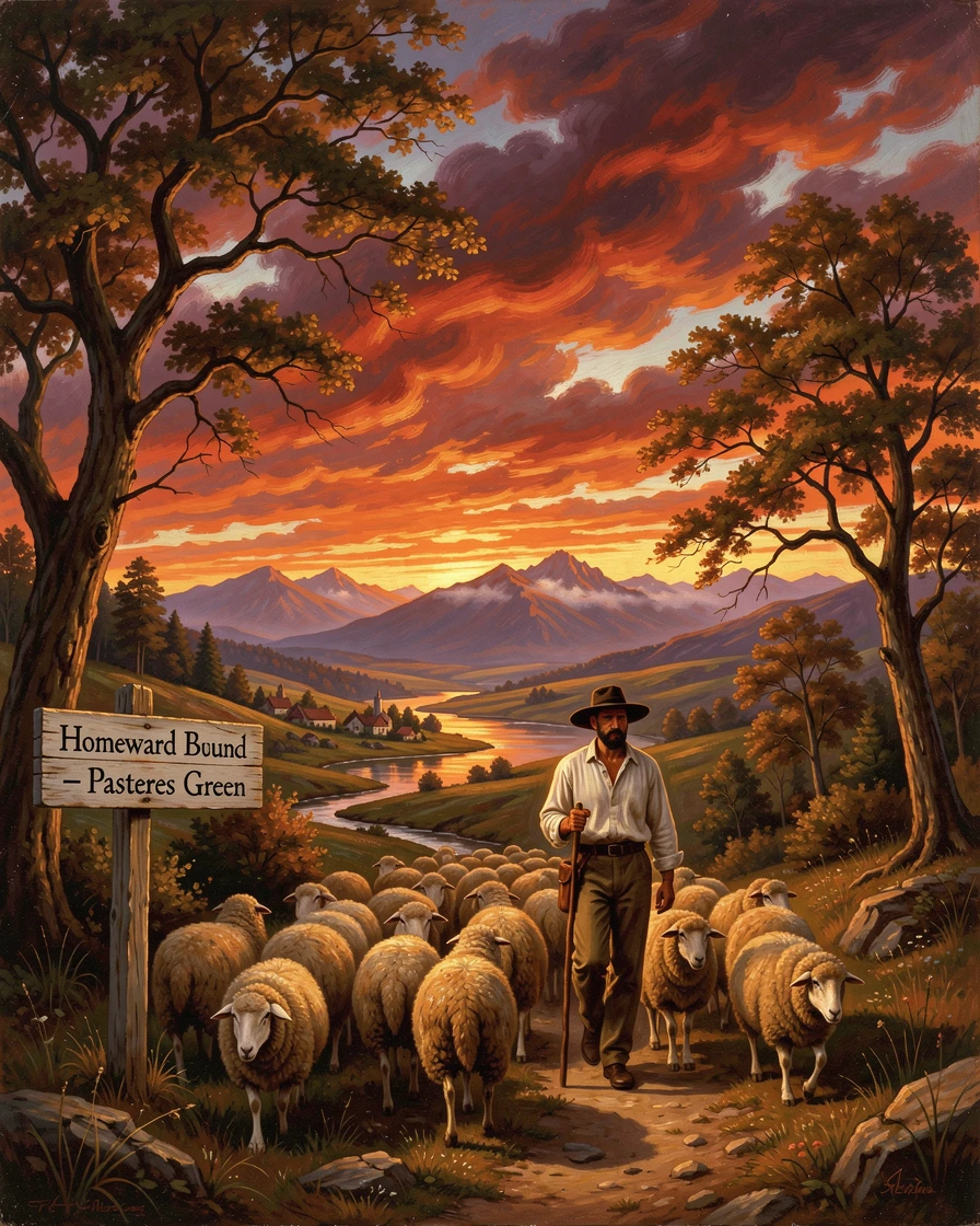 A shepherd leads his flock home beneath a fiery evening sky.