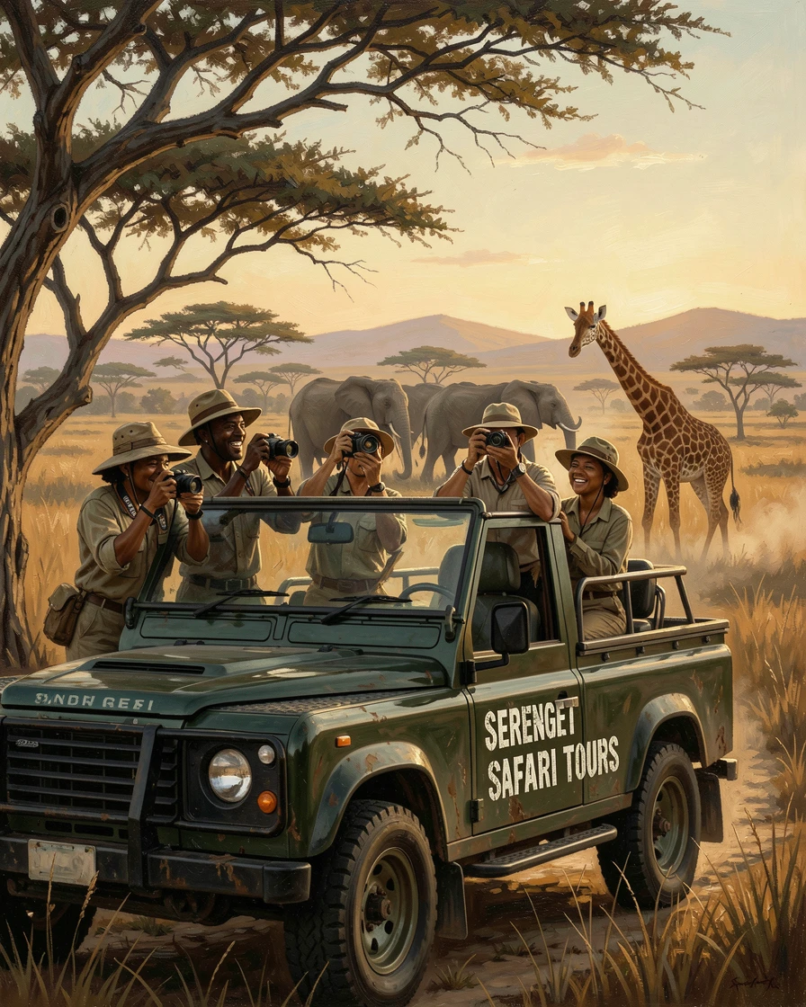 A traveler photographing wildlife from a safari vehicle at golden hour, with genuine joy and awe visible on every face, evoking wanderlust and the irresistible call of adventure