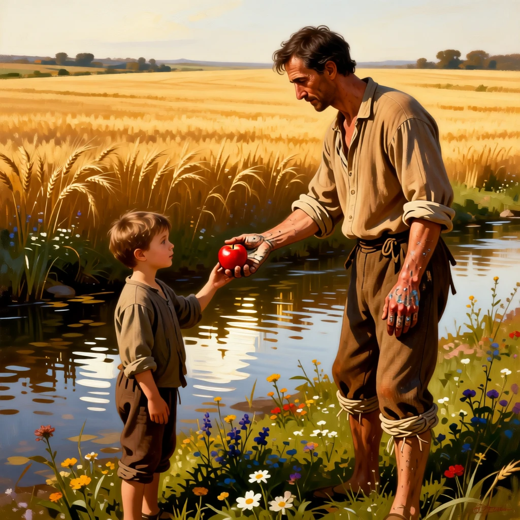 A fruit seller offering a ripe apple to a curious passing child in a scene both modest and deeply human, set beside a quiet stream at the edge of golden fields, with worn hands, simple clothing, and the honest textures of daily labor; the composition finds quiet monumentality in an everyday gesture, radiating simple contentment and honest labor.