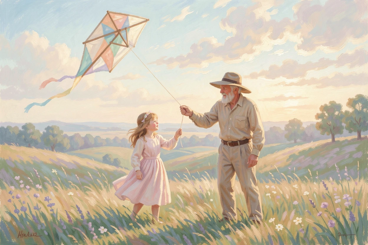 A little girl and her grandfather flying a homemade kite on a windy hilltop, evoking timeless charm and quiet elegance.